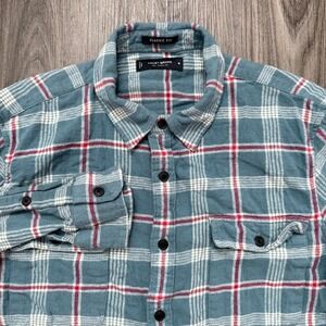 Lucky Brand Classic Fit Plaid Flannel Shirt Medium Blue Red White Long Sleeve